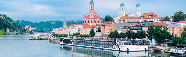 River Cruise Ship docked in European city