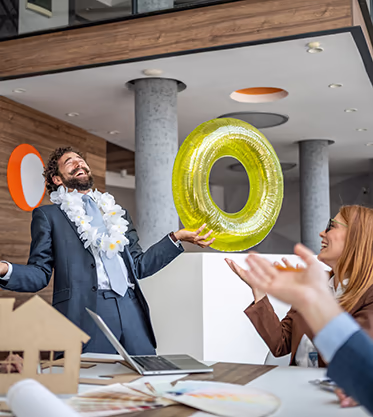 Goofy employee celebrates his upcoming vacation win