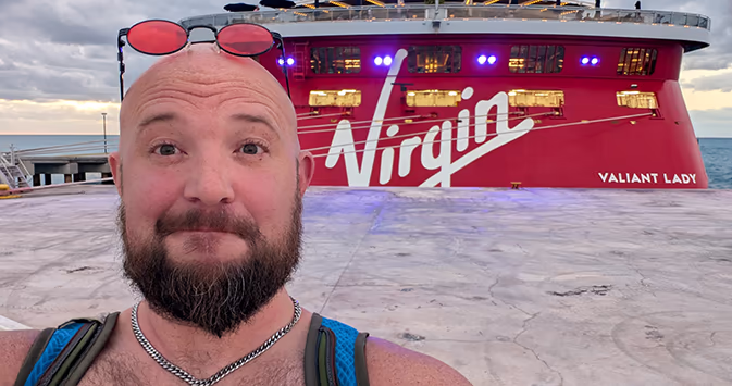 Jeof Oyster outside Virgin Voyages Ship