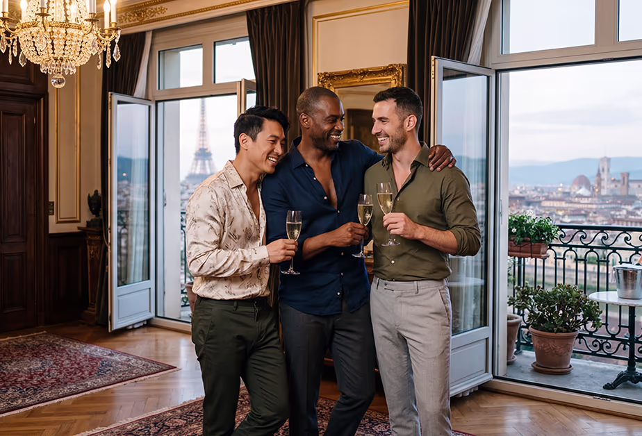 Gay polyamorous throuple in a luxury suite