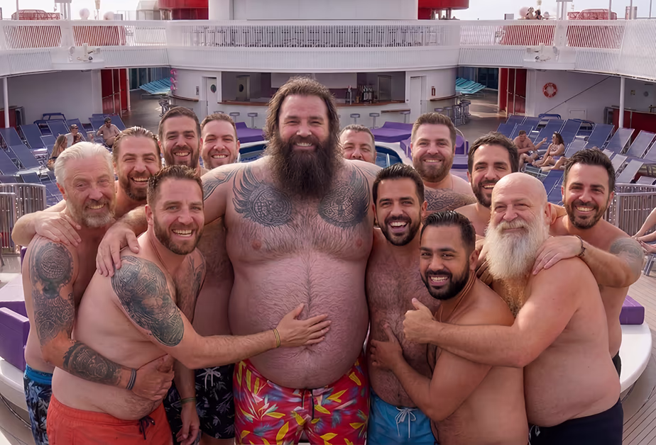 A group of gay bears on a cruise