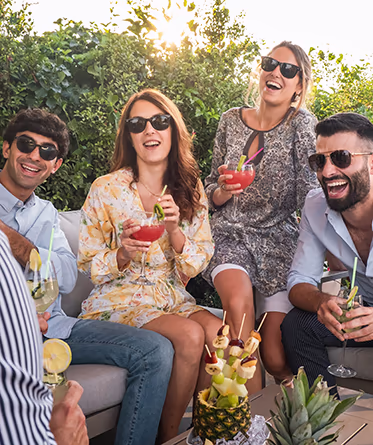 A group of business people socializing