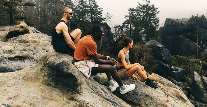 Three friends on a hike